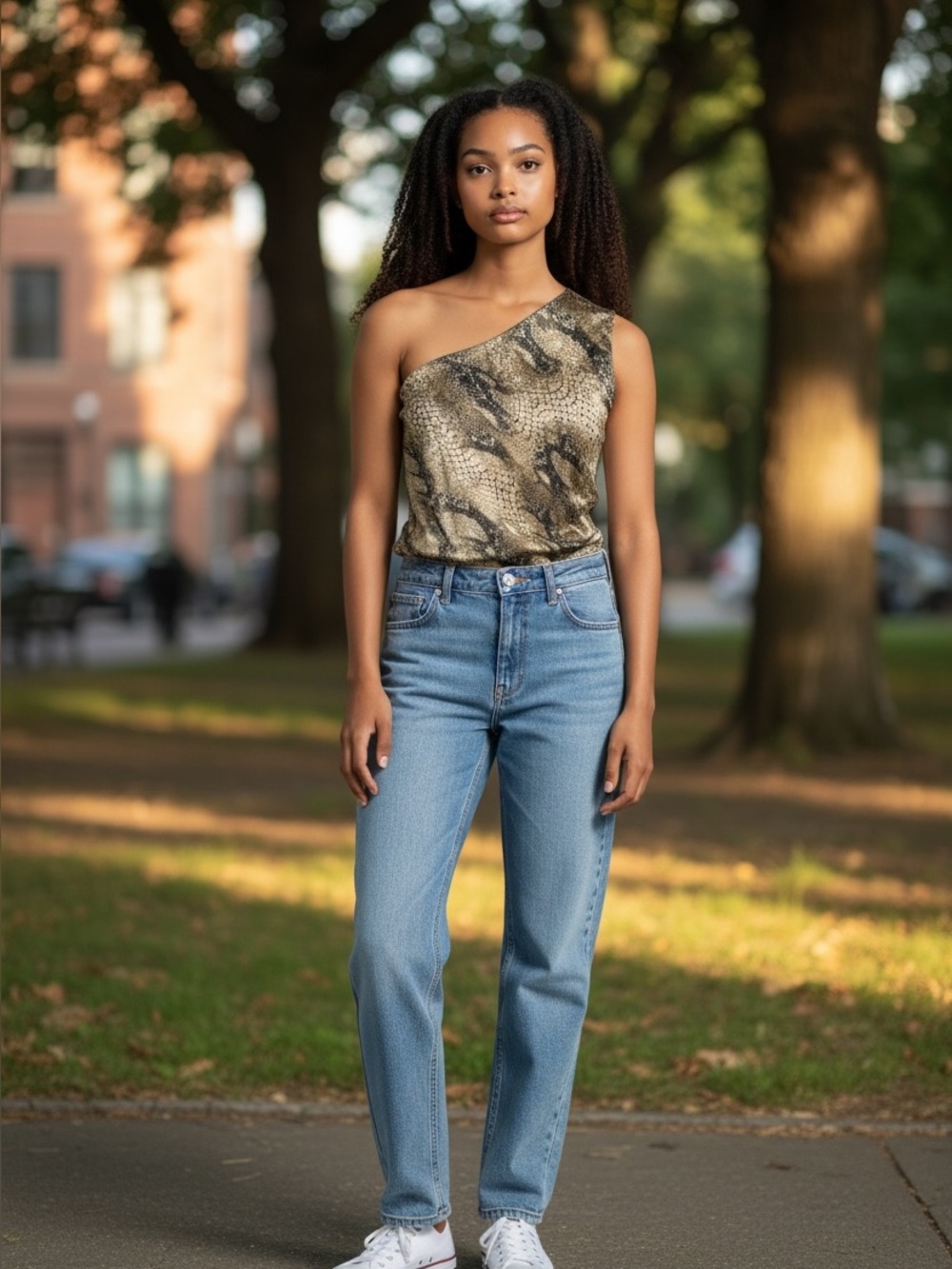 Express Branded Top with Black Logo Accent on Tan Fabric